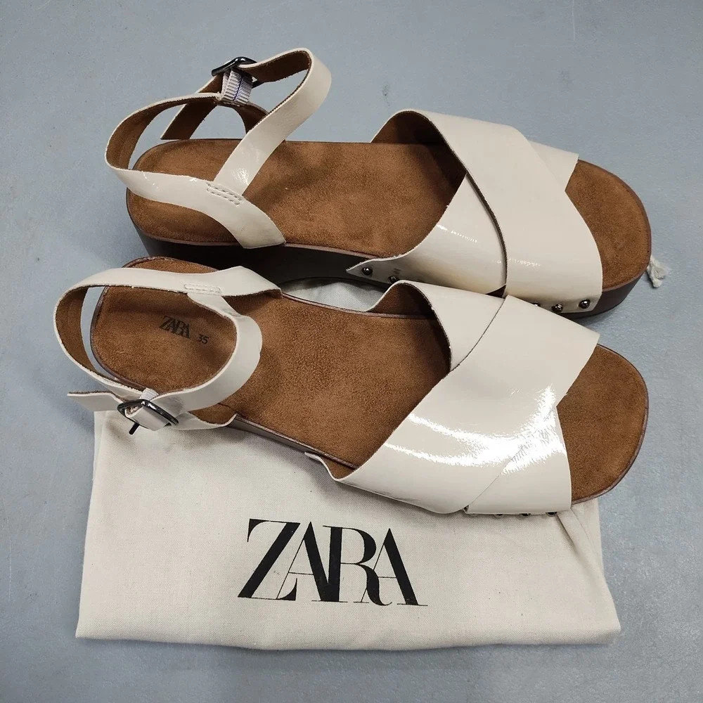 Zara Cross-Strap Sandals Womens Size 35 Tan Brown Studded Detail Buckle Closure - Picture 10 of 10